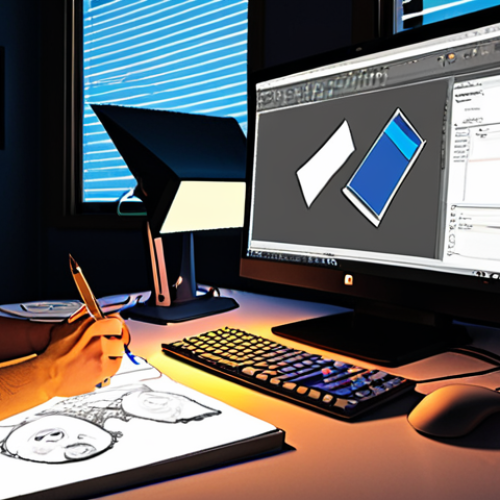 Home 6 Prompt: A character designer working at a desk, illuminated by the glow of multiple monitors displaying character design software like Photoshop and Maya. The desk is cluttered with sketchbooks, reference materials, and art supplies. The designer is smiling and focused, with a Wacom tablet in hand, showcasing a character in progress.