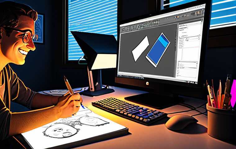 Prompt: A character designer working at a desk, illuminated by the glow of multiple monitors displaying character design software like Photoshop and Maya. The desk is cluttered with sketchbooks, reference materials, and art supplies. The designer is smiling and focused, with a Wacom tablet in hand, showcasing a character in progress.
