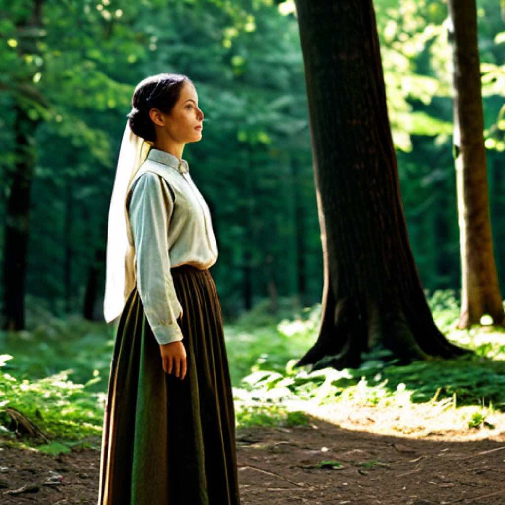 A serene female forest dweller, fully clothed in modest, durable attire made from natural earth-toned fabrics with subtle leaf patterns. She stands calmly amidst a dense, ancient forest bathed in dappled sunlight, reflecting a deep connection to nature. Her posture is natural and observant. Safe for work, appropriate content, fully clothed, family-friendly, perfect anatomy, correct proportions, natural pose, well-formed hands, proper finger count, natural body proportions, professional photography, highly detailed, realistic, cinematic lighting.