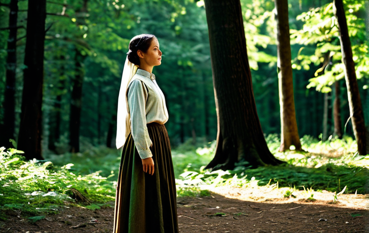 A serene female forest dweller, fully clothed in modest, durable attire made from natural earth-toned fabrics with subtle leaf patterns. She stands calmly amidst a dense, ancient forest bathed in dappled sunlight, reflecting a deep connection to nature. Her posture is natural and observant. Safe for work, appropriate content, fully clothed, family-friendly, perfect anatomy, correct proportions, natural pose, well-formed hands, proper finger count, natural body proportions, professional photography, highly detailed, realistic, cinematic lighting.