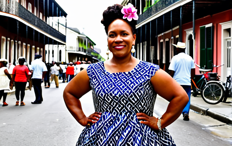 **

"A fully clothed Creole woman in her late 30s stands confidently in the French Quarter of New Orleans. She wears a modest, brightly colored dress with traditional Creole patterns. Her hair is styled in an elaborate updo adorned with flowers. In the background, there's a bustling street scene with musicians and vendors. Perfect anatomy, correct proportions, natural pose, well-formed hands, proper finger count, natural body proportions. Professional photography, high quality, safe for work, appropriate content, professional, modest, family-friendly."

**