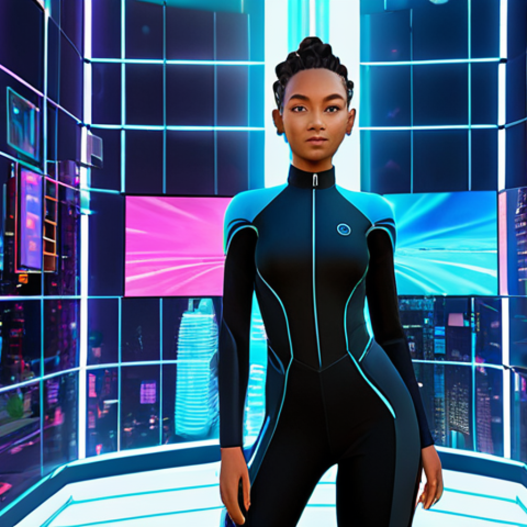 Metaverse Avatar Creation**

"A vibrant, fully customizable metaverse avatar creation screen. A young woman with diverse features stands in the center, surrounded by holographic interfaces showcasing options for clothing, hairstyles, and accessories. The background shows a futuristic cityscape. Safe for work, appropriate content, fully clothed, family-friendly, professional digital art, perfect anatomy, correct proportions, natural pose."

**