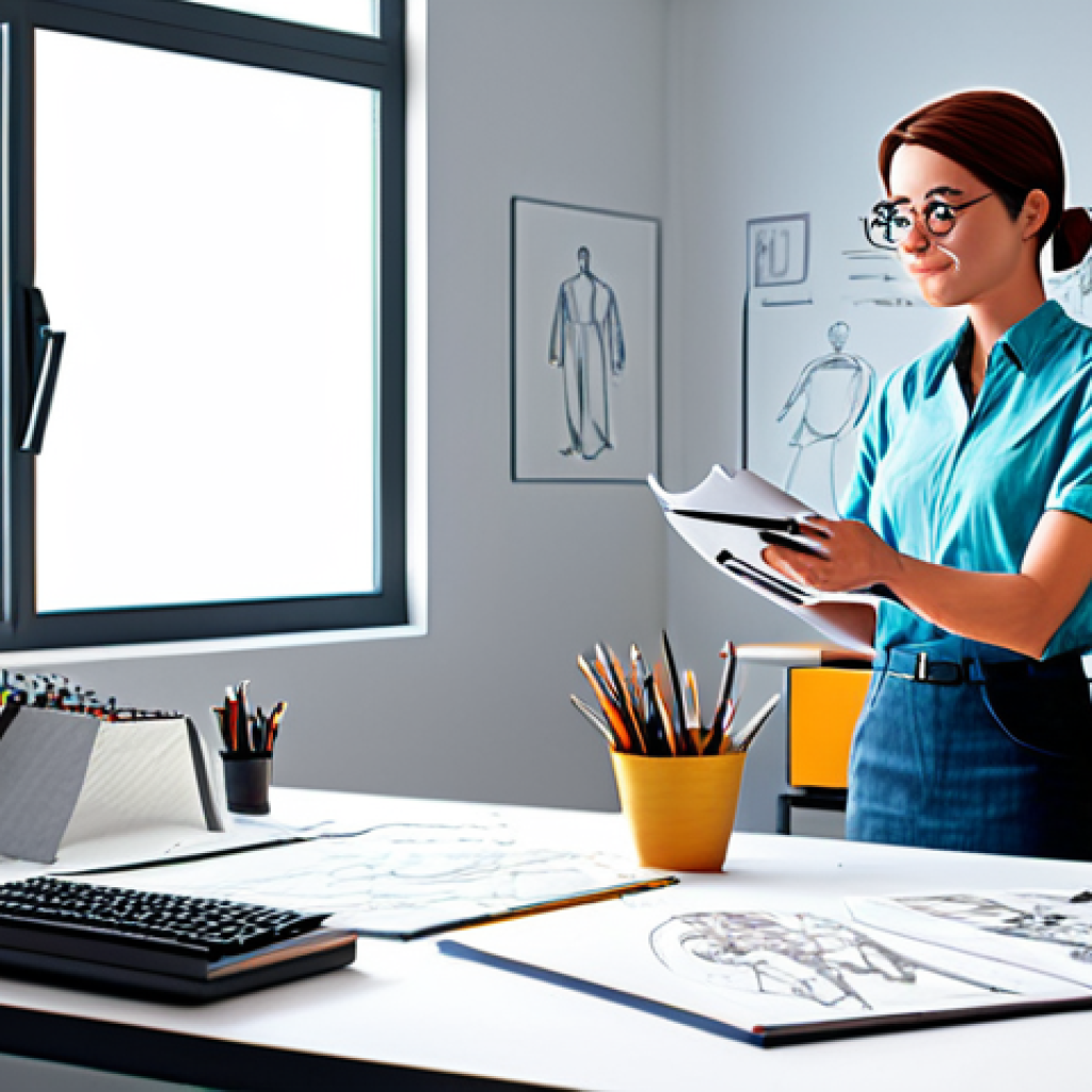 캐릭터 디자인 실습 강의 추천 - Visual Storytelling**

"A fully clothed character designer, female, in a brightly lit studio, surrou...