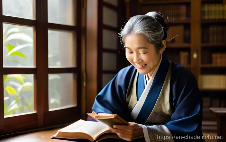 캐릭터 디자인 컨셉 작성법 - A serene and wise elderly East Asian woman, with gentle smile lines around her eyes, is engrossed in...