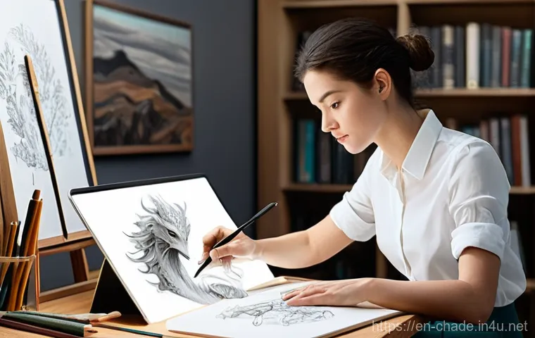 캐릭터 디자인 교육의 미래적 트렌드 - **Prompt for Blending Traditional and Digital Artistry:**
    "A diligent character designer, a woma...