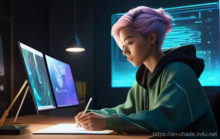 캐릭터 디자인 업계의 변화와 도전 과제 - **AI-Assisted Character Design Session:** A skilled female character designer, mid-20s, with short, ...