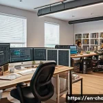 Home 16 캐릭터 디자인 협업툴 추천 - A bustling digital art studio environment, filled with diverse character designers – men and women o...