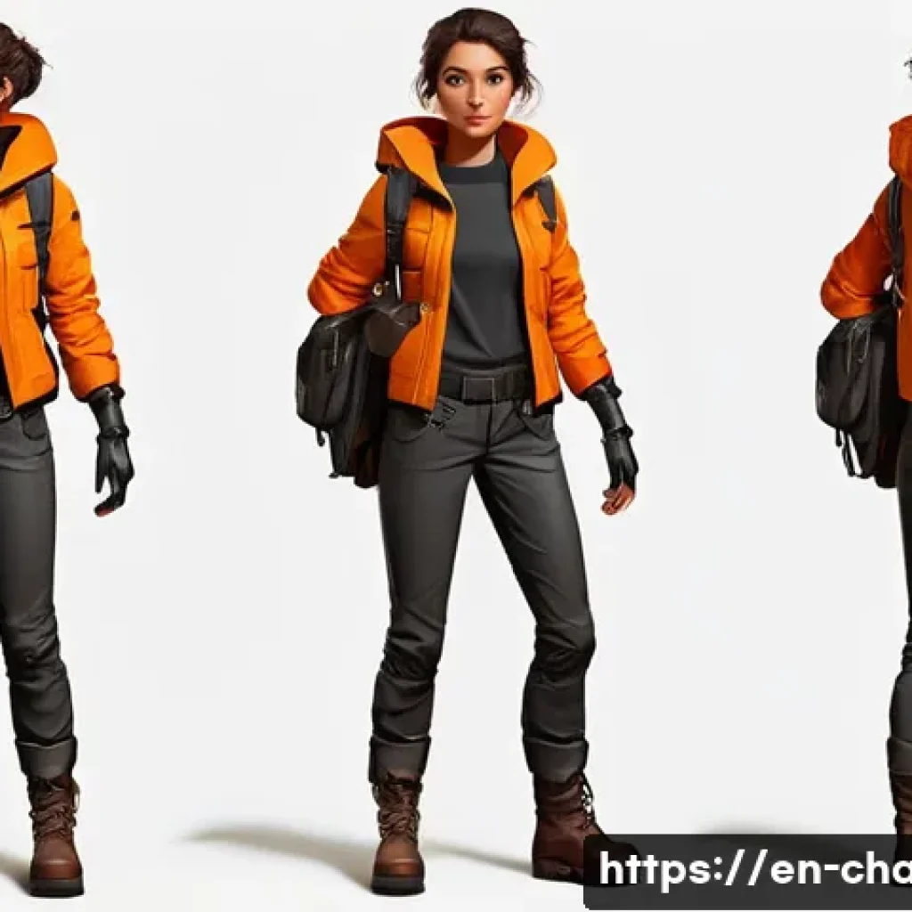 캐릭터 디자인 실기 시험 대비 - A confident young female adventurer character standing in a dynamic pose with clear human proportion...
