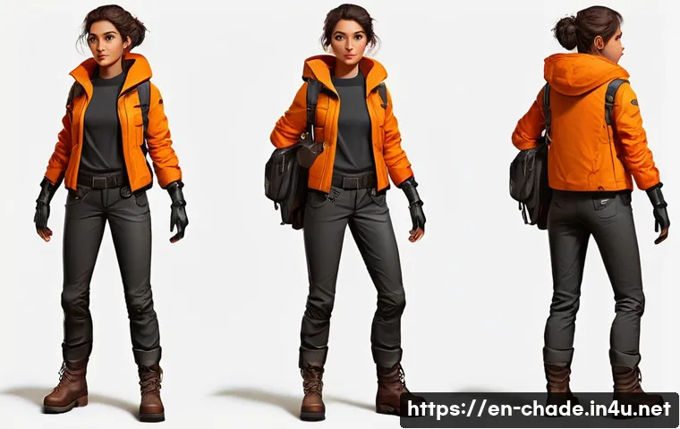 캐릭터 디자인 실기 시험 대비 - A confident young female adventurer character standing in a dynamic pose with clear human proportion...
