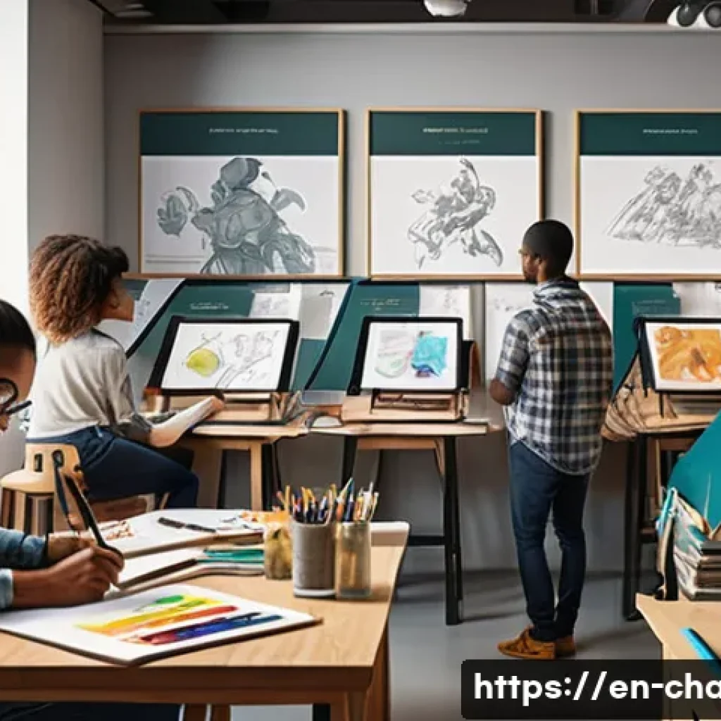 캐릭터 디자인 관련 학과 추천 - A dynamic character design studio scene showing a diverse group of young artists sketching and paint...
