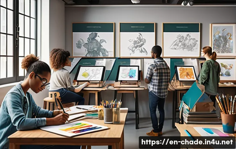 캐릭터 디자인 관련 학과 추천 - A dynamic character design studio scene showing a diverse group of young artists sketching and paint...