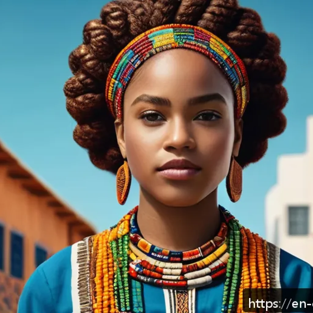 캐릭터 디자인 트렌드 분석 사례 - A confident young female protagonist with Afro-textured hair styled in intricate braids adorned with...