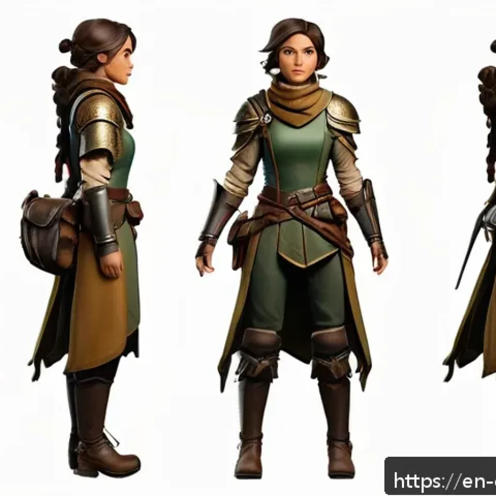 캐릭터 디자인 프로젝트 평가 사례 - A confident female adventurer character standing in a dynamic pose, wearing practical yet stylish fa...