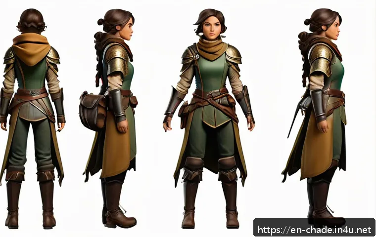 캐릭터 디자인 프로젝트 평가 사례 - A confident female adventurer character standing in a dynamic pose, wearing practical yet stylish fa...