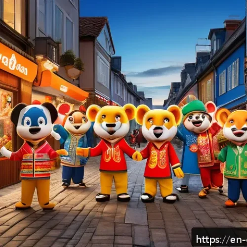 캐릭터 디자인의 시장 성장 가능성 - A vibrant, diverse group of character mascots representing global brands, each designed with a fusio...