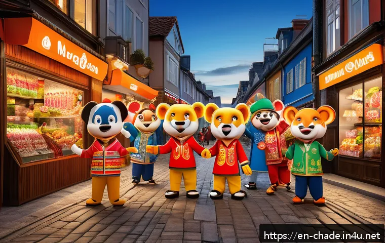 캐릭터 디자인의 시장 성장 가능성 - A vibrant, diverse group of character mascots representing global brands, each designed with a fusio...