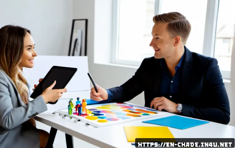 캐릭터 디자인의 비즈니스 전략 개발 - Photorealistic creative strategy meeting in a bright modern studio, diverse design team gathered aro...
