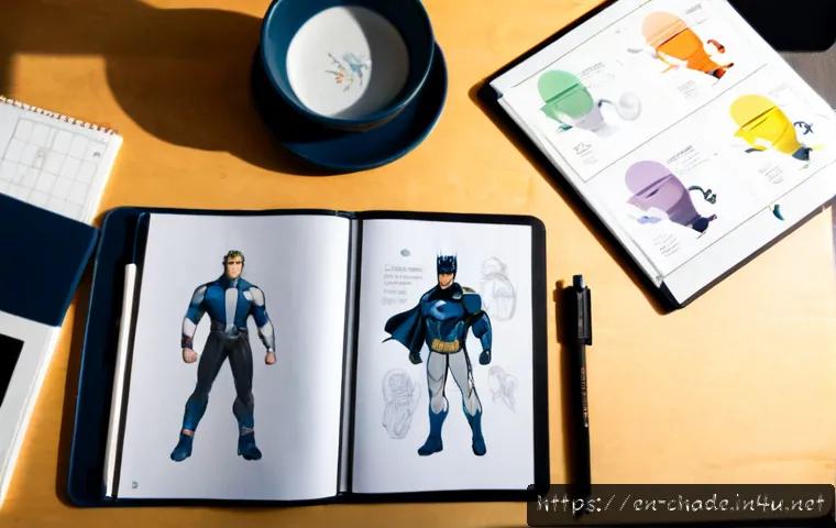 캐릭터 디자인 포트폴리오 구성법 - Photorealistic overhead view of a character designer’s tidy home studio desk, open portfolio binder ...