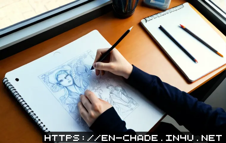 캐릭터 디자인 자격증 학습 자료 - Photorealistic overhead view of a character design certification study desk, open unmarked sketchboo...