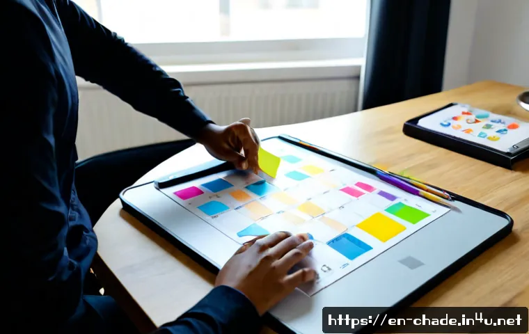 Home 17 캐릭터 디자인 프로젝트 관리 방법 - Photorealistic creative project manager reviewing a character design production board in a bright mo...