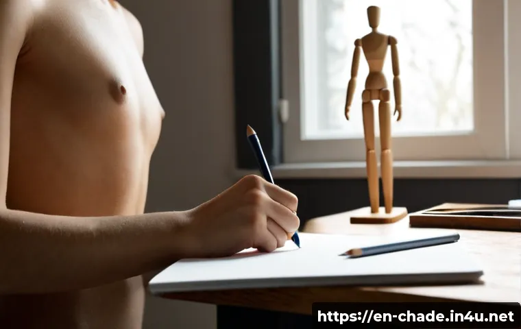 캐릭터 디자인의 실기 스킬 강화법 - Photorealistic over-the-shoulder view of a focused character designer practicing expressive figure d...